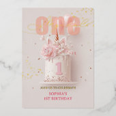 ピンクフローラユニコーンスタイルファースト誕生日 箔招待状 (正面)