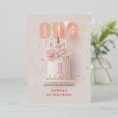 ピンクフローラユニコーンスタイルファースト誕生日 箔招待状 (立ち正面)