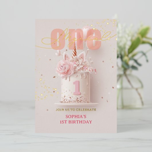 ピンクフローラユニコーンスタイルファースト誕生日 箔招待状 (立ち正面)
