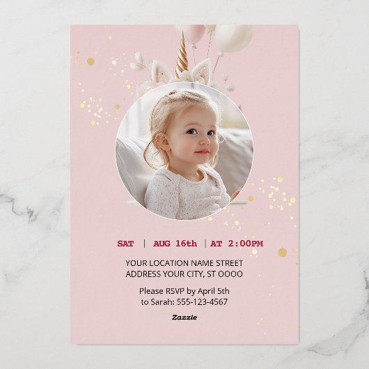 ピンクフローラユニコーンスタイルファースト誕生日 箔招待状 (裏面)