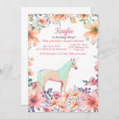 ピンクフローラユニコーンバースデーパーティー招待状 招待状 (正面/裏面)