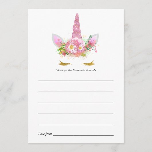 ピンクフローラユニコーンベビーシャワーアドバイスカード アドバイスカード (正面)