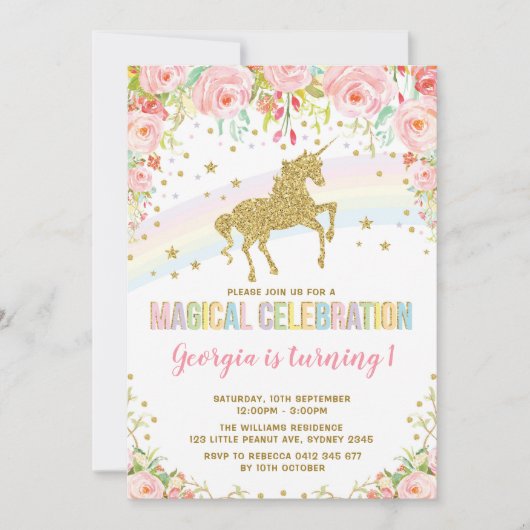 ピンクフローラユニコーンマジカル誕生日レインボーパーティー 招待状 (正面)