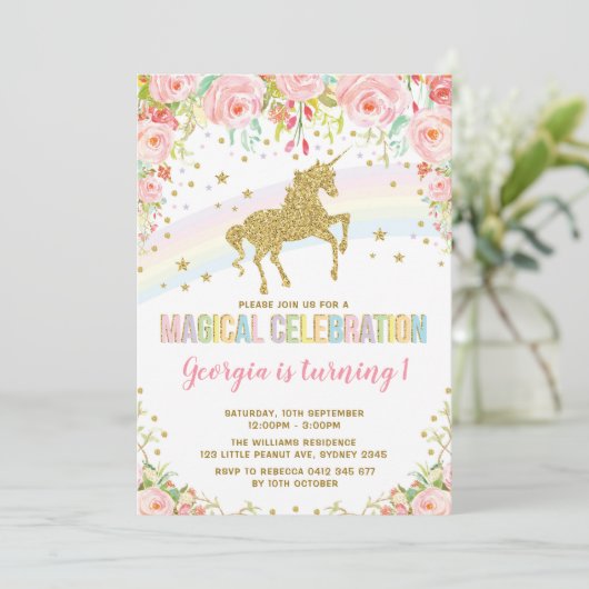 ピンクフローラユニコーンマジカル誕生日レインボーパーティー 招待状 (スタンド正面)