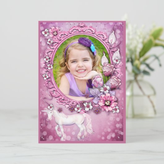 ピンクフローラユニコーン写真誕生日パーティー 招待状 (スタンド正面)