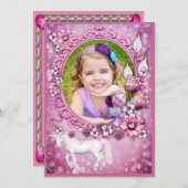 ピンクフローラユニコーン写真誕生日パーティー 招待状 (正面/裏面)