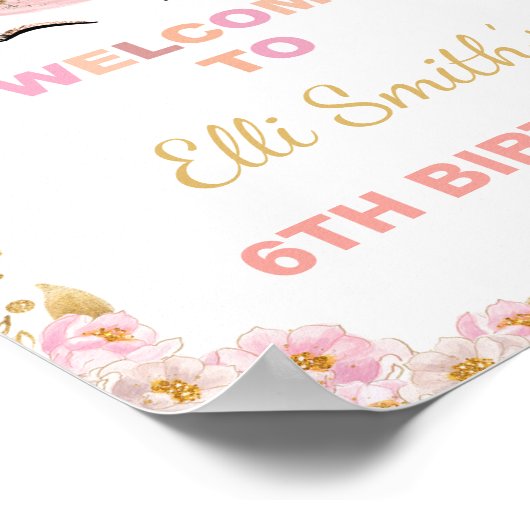 ピンクフローラユニコーン誕生日パーティー歓迎サイン ポスター (角)