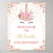 ピンクフローラユニコーン誕生日パーティー歓迎サイン ポスター (正面)