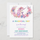 ピンクフローラユニコーン誕生日招待状 招待状 (正面)