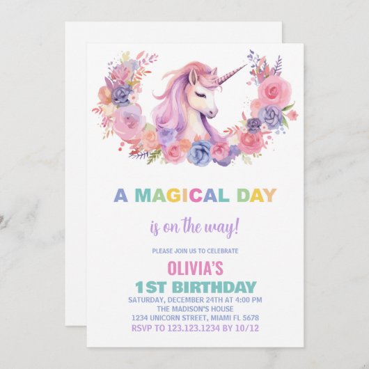 ピンクフローラユニコーン誕生日招待状 招待状 (正面/裏面)