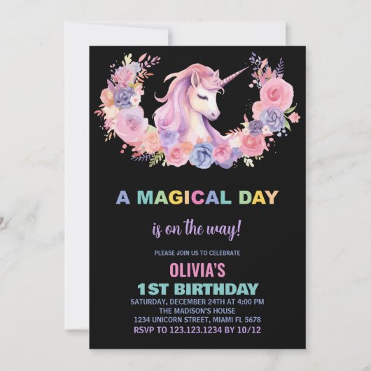 ピンクフローラユニコーン誕生日招待状 招待状 (正面)