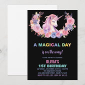 ピンクフローラユニコーン誕生日招待状 招待状 (正面/裏面)