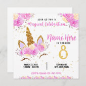 ピンクフローラユニコーン金ゴールドグリッター誕生日 招待状 (正面/裏面)