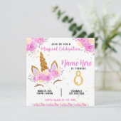 ピンクフローラユニコーン金ゴールドグリッター誕生日 招待状 (スタンド正面)