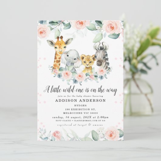 ピンクフローラユーカリプタサファリベイビーシャワー 招待状 (スタンド正面)