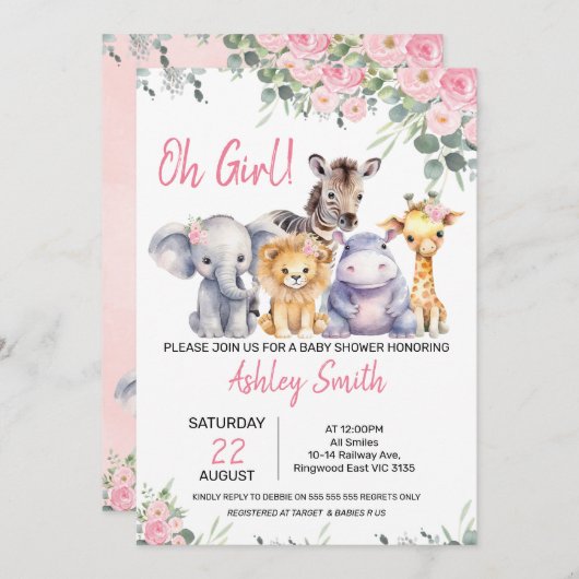 ピンクフローラユーカリプタサファリベイビーシャワー 招待状 (正面/裏面)