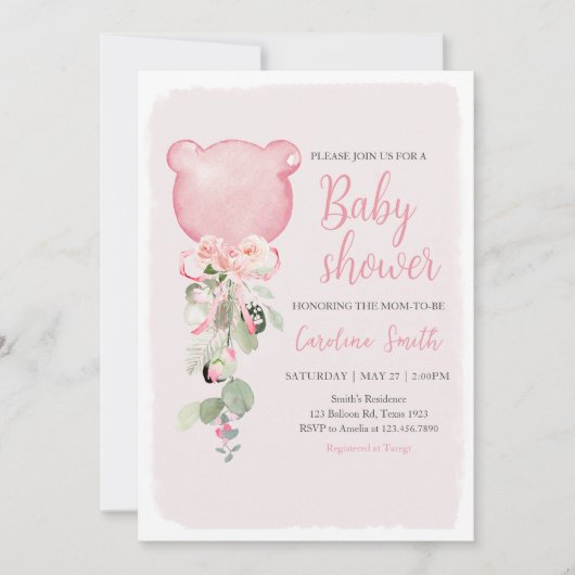 ピンクフローラユーカリプタスバルーンベビーシャワー 招待状 (正面)