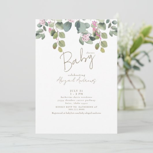 ピンクフローラユーカリプタスベビーシャワー招待状 招待状 (スタンド正面)