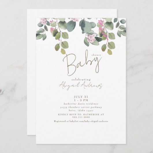ピンクフローラユーカリプタスベビーシャワー招待状 招待状 (正面/裏面)
