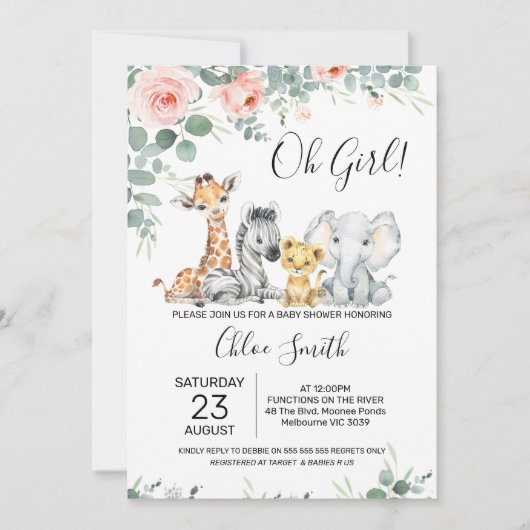 ピンクフローラユーカリプトゥスガールズサファリベイビーシャワー 招待状 (正面)