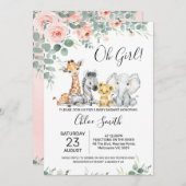 ピンクフローラユーカリプトゥスガールズサファリベイビーシャワー 招待状 (正面/裏面)