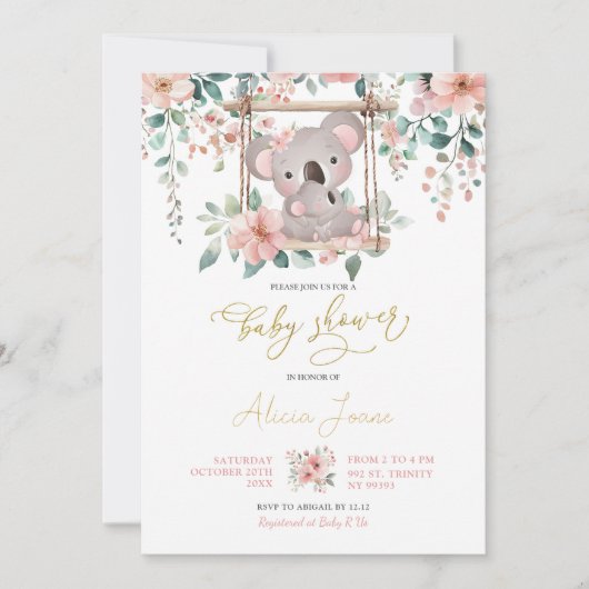 ピンクフローラユーカリプトゥスコアラオーストラリアベビーガール 招待状 (正面)