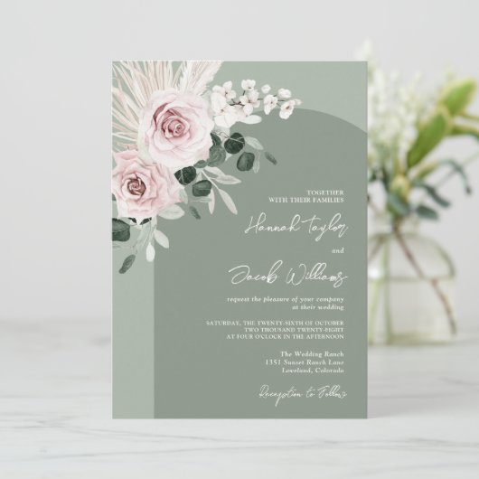 ピンクフローラユーカリプトゥスセージ結婚グリーン 招待状 (スタンド正面)