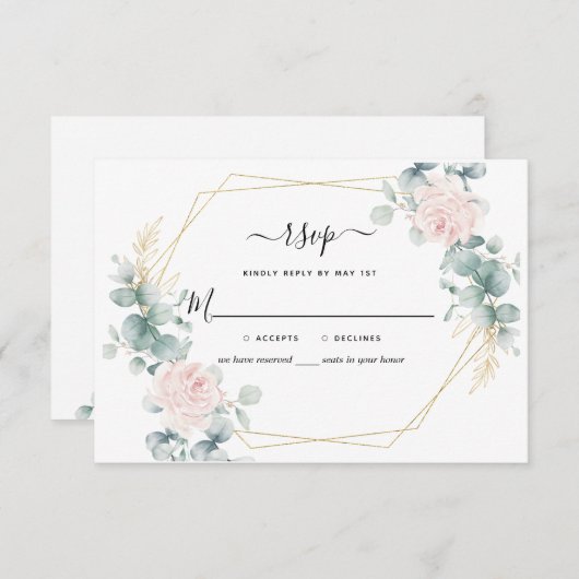 ピンクフローラユーカリ幾何結婚素朴体 出欠カード (正面/裏面)