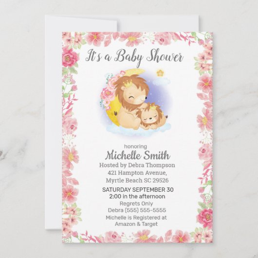 ピンクフローラライオンママベビーシャワー招待状 招待状 (正面)