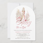 ピンクフローラライトハウスア航海のーチベビーシャワー 招待状 (正面)