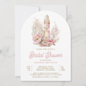 ピンクフローラライトハウス航海のアーチブライダルシャワー 招待状 (正面)