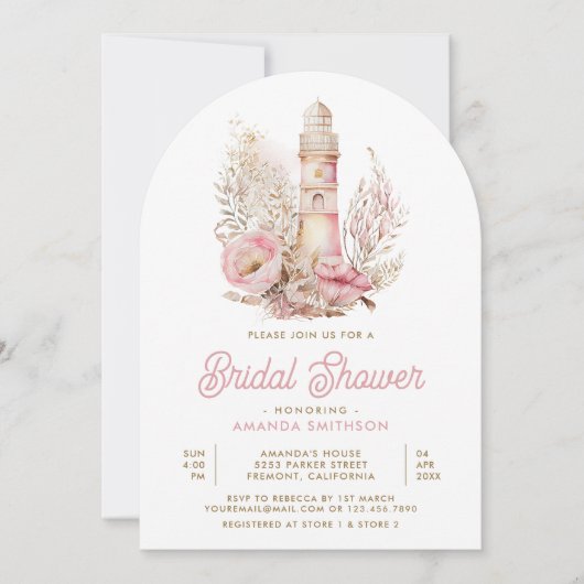 ピンクフローラライトハウス航海のアーチブライダルシャワー 招待状 (正面)