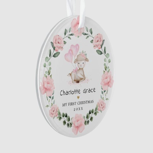 ピンクフローララムリースベイビーガール第1クリスマス オーナメント (正面)