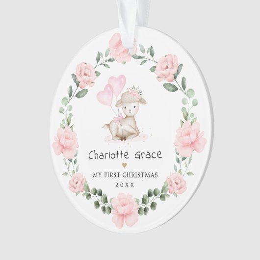 ピンクフローララムリースベイビーガール第1クリスマス オーナメント (正面)