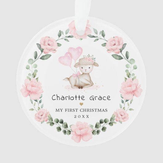 ピンクフローララムリースベイビーガール第1クリスマス オーナメント (正面)