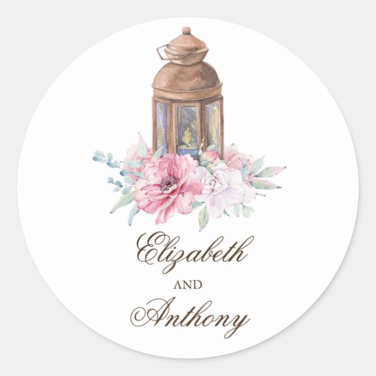 ピンクフローラランタンエレガントな結婚式 ラウンドシール (正面)
