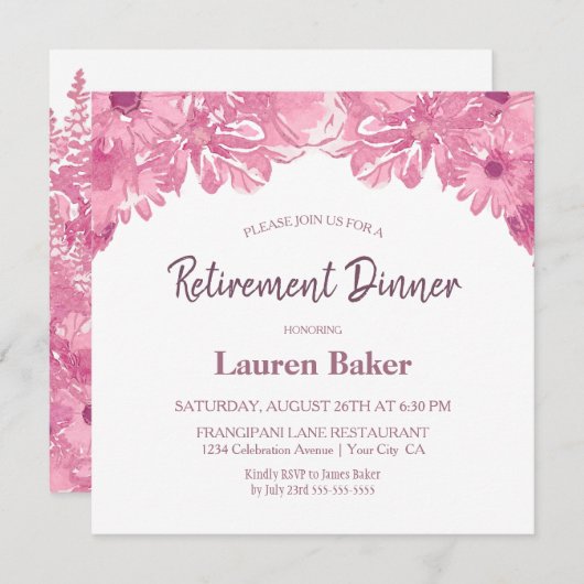 ピンクフローラリタイアディナーパーティの招待状 招待状 (正面/裏面)