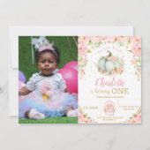 ピンクフローラリトルカボチャ女の子1stバースデーフォト 招待状 (正面)