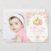ピンクフローラリトルカボチャ女の子1stバースデーフォト 招待状 (正面)