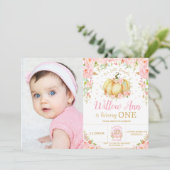ピンクフローラリトルカボチャ女の子1stバースデーフォト 招待状 (スタンド正面)
