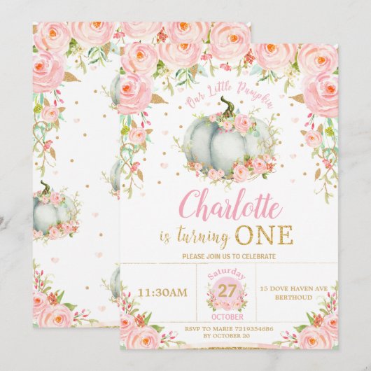 ピンクフローラリトルカボチャ女の子1st最初の誕生日 招待状 (正面/裏面)