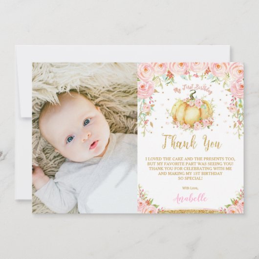 ピンクフローラリトルカボチャ1st誕生日 サンキューカード (正面)