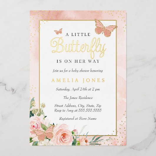 ピンクフローラリトルバタフライガールベビーシャワー 箔招待状 (正面)