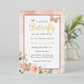 ピンクフローラリトルバタフライガールベビーシャワー 箔招待状 (立ち正面)