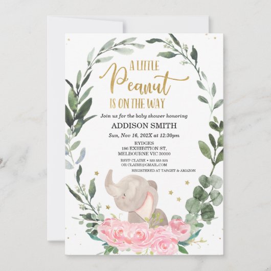 ピンクフローラリトルピーナッツエレファントベビージャーシャワー 招待状 (正面)