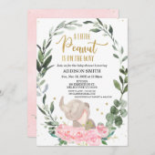 ピンクフローラリトルピーナッツエレファントベビージャーシャワー 招待状 (正面/裏面)