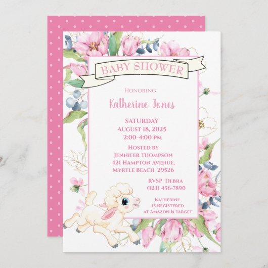 ピンクフローラリトルラムベビーシャワー招待状 招待状 (正面/裏面)
