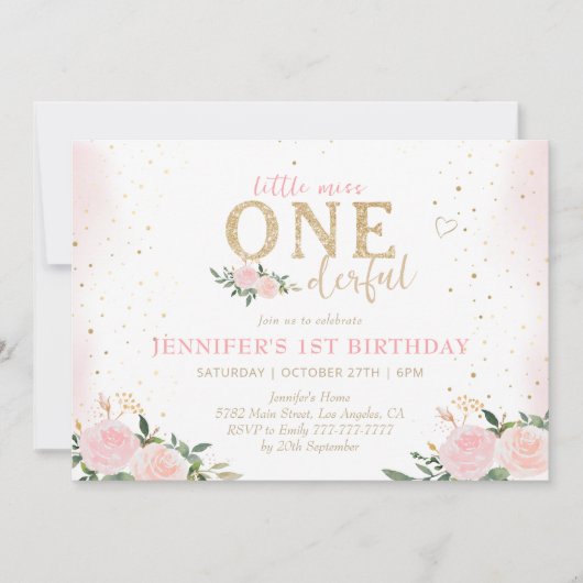 ピンクフローラリトル恋しく思オネダーフル1歳の誕生日 招待状 (正面)