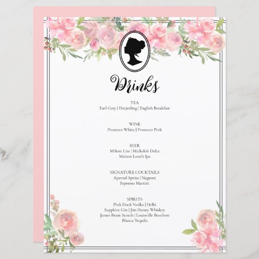 ピンクフローラリージェンシーブライダルシャワーカクテルメニュー (正面/裏面)