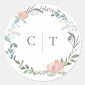 ピンクフローラリースイニシャルス結婚ラウンドのステッカー ラウンドシール (正面)